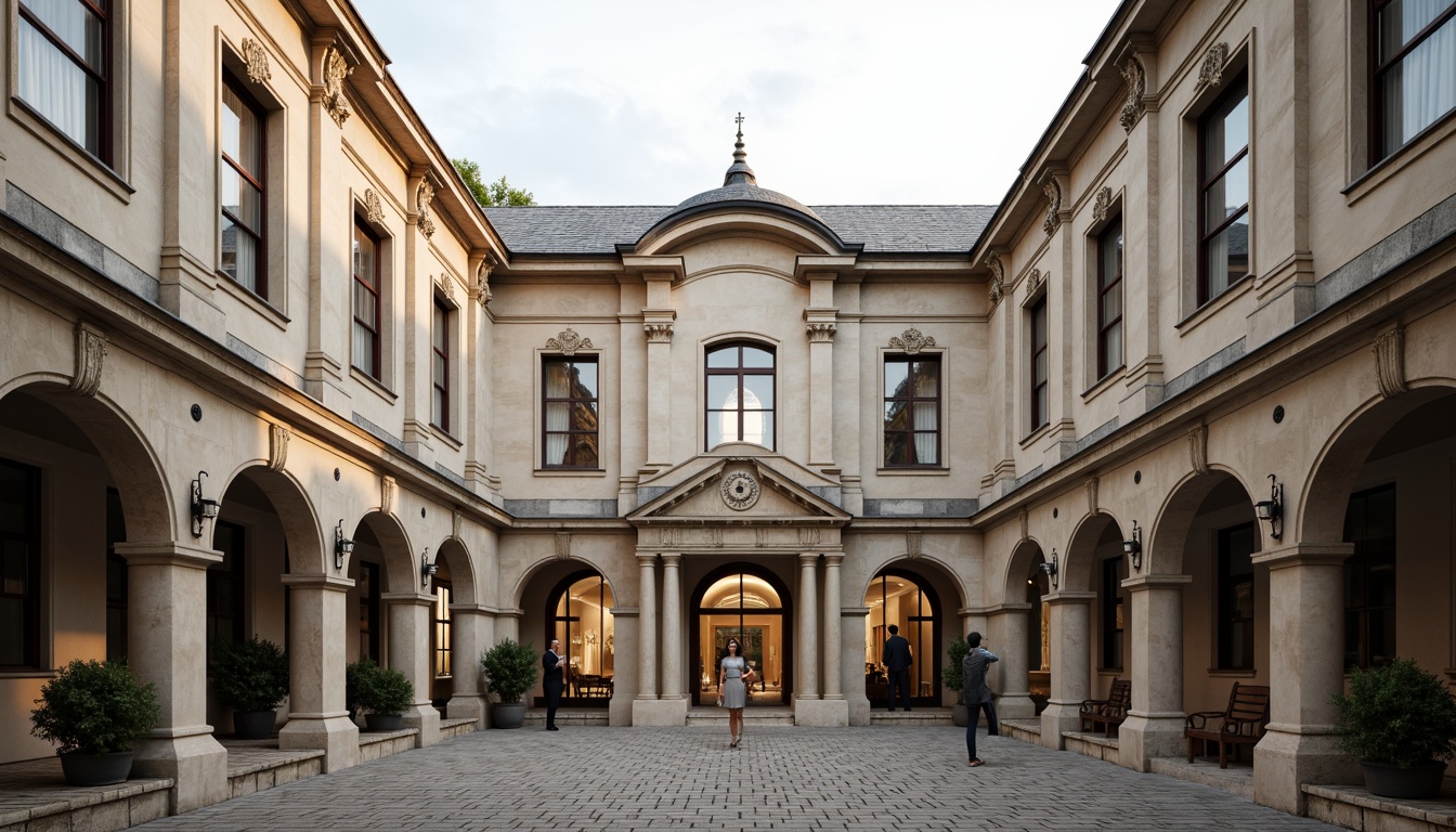 Prompt: Elegant school building, symmetrical fa\u00e7ade, ornate columns, carved stone details, grand entrance archways, classical pediments, rusticated bases, limestone walls, slate roofs, decorative cornices, subtle color palette, natural light pouring through tall windows, soft warm lighting, 1/1 composition, central courtyard view, realistic textures, ambient occlusion.