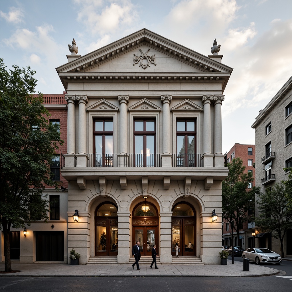 Prompt: Elegant classical facade, ornate columns, grand arches, symmetrical composition, rusticated stone base, smooth ashlar walls, decorative frieze, pediment with sculptures, carved wooden doors, ornamental metalwork, subtle warm lighting, shallow depth of field, 1/1 composition, realistic textures, ambient occlusion, serene urban setting, tree-lined streets, vintage street lamps, cloudy sky with soft sunlight.