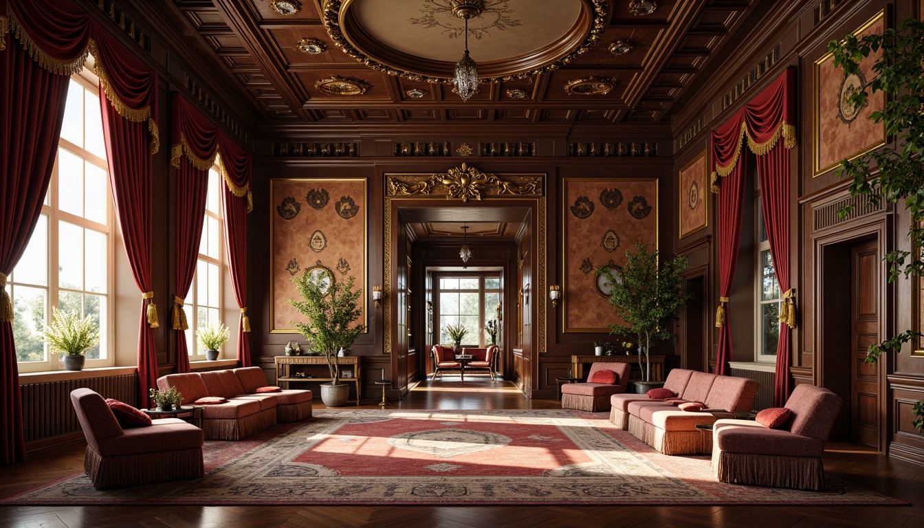 Prompt: Ornate Baroque-style mansion, grandeur facade, opulent interiors, lavish furnishings, velvet drapes, golden tassels, intricate patterns, ornamental details, stately windows, floor-to-ceiling curtains, silk fabrics, rich textures, warm color palette, soft diffused lighting, 1/1 composition, dramatic shadows, realistic reflections, ambient occlusion.