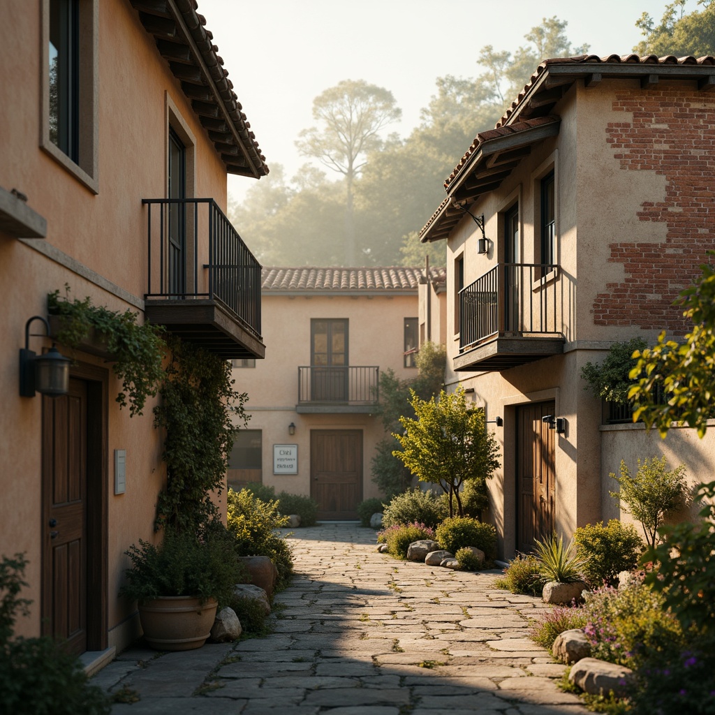 Prompt: Weathered rural buildings, earthy tone facades, distressed wooden doors, ornate metal fixtures, vintage signage, rustic stone walls, faded red brick accents, muted greenery, misty morning atmosphere, soft golden lighting, shallow depth of field, 1/1 composition, realistic textures, ambient occlusion, warm beige tones, soft peach hues, moss-covered roofs, crumbling plaster details, antique decorative tiles, ornate ironwork balconies.Please let me know if this meets your requirements!