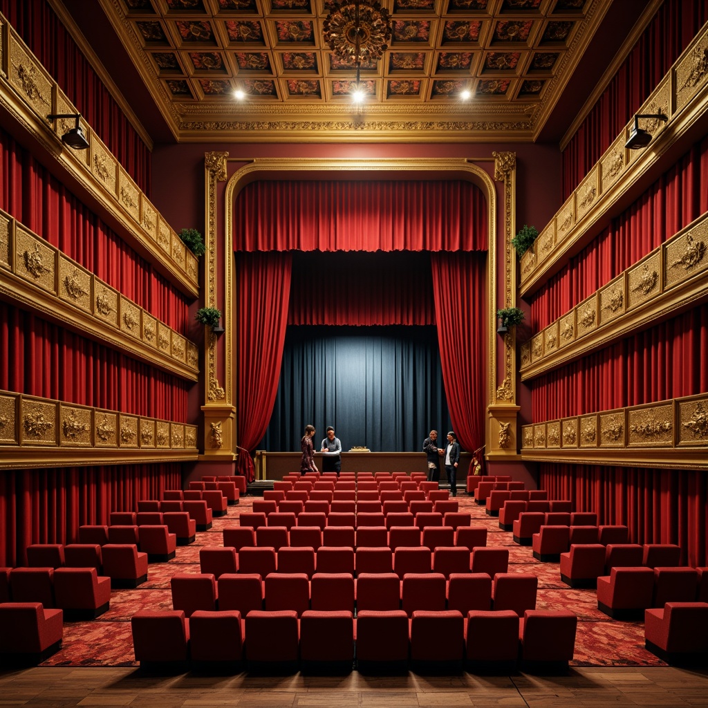 Prompt: Luxurious theater interior, rich velvet curtains, ornate golden balconies, plush red seats, wooden floorboards, sound-absorbing panels, acoustic diffusers, high ceilings, subtle lighting fixtures, intricate molding details, elegant chandeliers, soft carpeting, warm color scheme, intimate atmosphere, 3/4 composition, shallow depth of field, realistic textures, ambient occlusion.