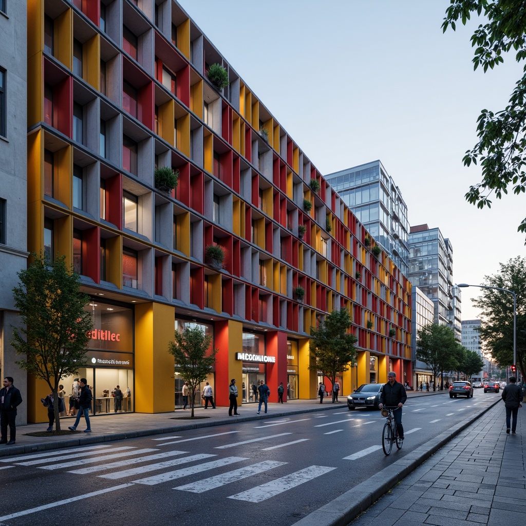 Prompt: Vibrant metro station, geometric facade patterns, bold primary colors, industrial materials, exposed steel beams, concrete walls, minimalist signage, modernist architecture, large glass windows, automated sliding doors, urban cityscape, busy streets, morning rush hour, soft natural lighting, shallow depth of field, 2/3 composition, symmetrical framing, realistic textures, ambient occlusion.