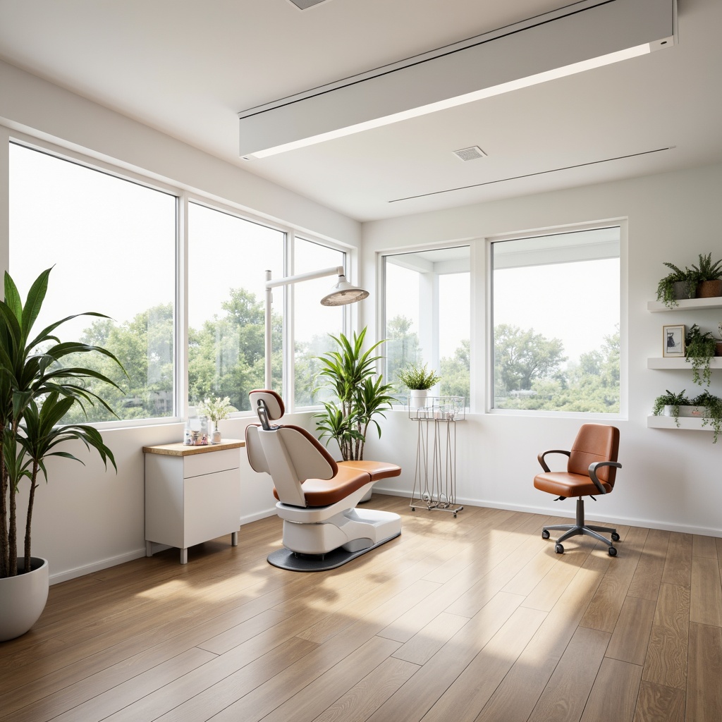 Prompt: Bright dental clinic, large windows, natural lighting, minimalist interior design, clean white walls, polished wooden floors, modern dental equipment, comfortable patient chairs, gentle color scheme, soothing ambiance, subtle textures, soft shadows, shallow depth of field, 1/1 composition, realistic renderings, ambient occlusion, serene atmosphere, warm tone, inviting reception area, lush green plants, calm waiting space.