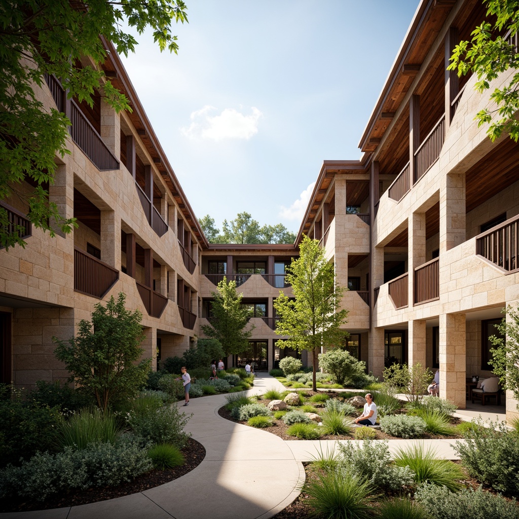 Prompt: Rustic university campus, locally sourced materials, natural stone fa\u00e7ades, reclaimed wood accents, earthy color palette, organic curves, cantilevered roofs, large overhangs, shaded walkways, verdant courtyard, native plant species, regional architectural influences, cultural heritage references, modern interpretations of traditional styles, functional simplicity, abundant natural light, soft diffused lighting, warm earth tones, shallow depth of field, 2/3 composition, realistic textures, ambient occlusion.