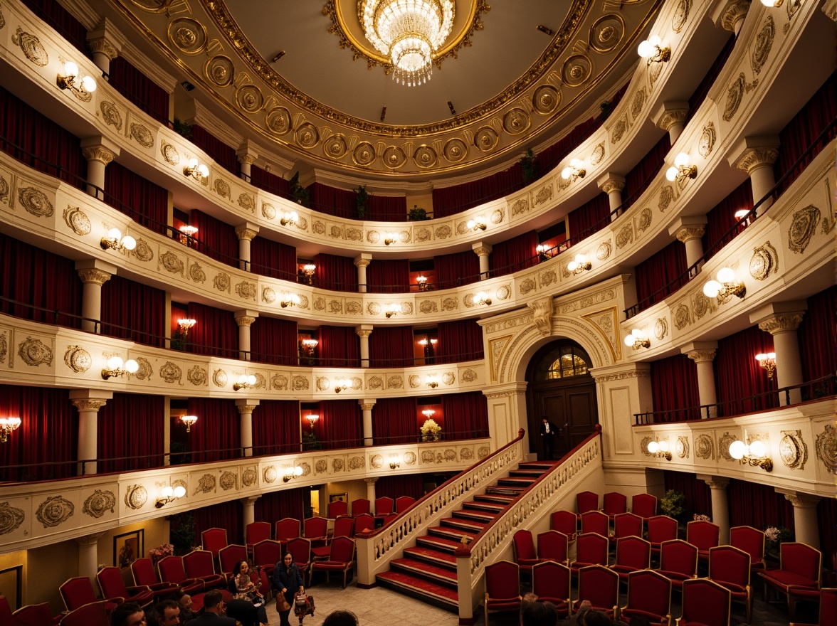 Prompt: Grand opera house, ornate facade, intricate stonework, curved arches, dramatic columns, opulent balconies, gilded details, velvet drapes, crystal chandeliers, marble floors, lavish furnishings, majestic staircases, sweeping curves, Baroque-inspired ornamentation, soft warm lighting, shallow depth of field, 3/4 composition, panoramic view, realistic textures, ambient occlusion.