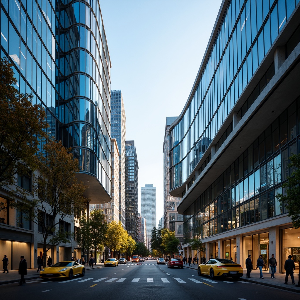 Prompt: Curved glass facades, cinematic architecture, organic shapes, futuristic design, undulating lines, reflective surfaces, natural light diffusion, ambient shadows, vibrant cityscape, bustling streets, urban landscape, morning dew, soft warm lighting, shallow depth of field, 3/4 composition, panoramic view, realistic textures, ambient occlusion.