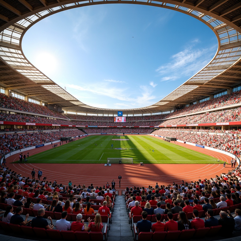 Prompt: Vibrant sports stadium, bold team colors, energetic atmosphere, crowded seating areas, dynamic LED lighting, modern architecture, sleek curved lines, transparent roofs, natural grass fields, athletic tracks, scoreboard displays, loudspeaker systems, excited cheering crowds, sunny day, warm golden lighting, shallow depth of field, 1/2 composition, panoramic view, realistic textures, ambient occlusion.