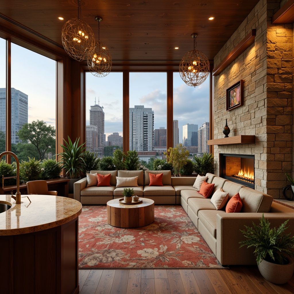 Prompt: Cozy living room, plush sofas, warm wooden accents, soft golden lighting, comfortable seating areas, modern minimalist decor, natural stone fireplaces, elegant chandeliers, rich textures, vibrant color schemes, oversized windows, breathtaking city views, lush greenery, delicate floral patterns, creamy marble countertops, sleek metal fixtures, inviting ambiance, 3/4 composition, shallow depth of field, warm atmospheric lighting.