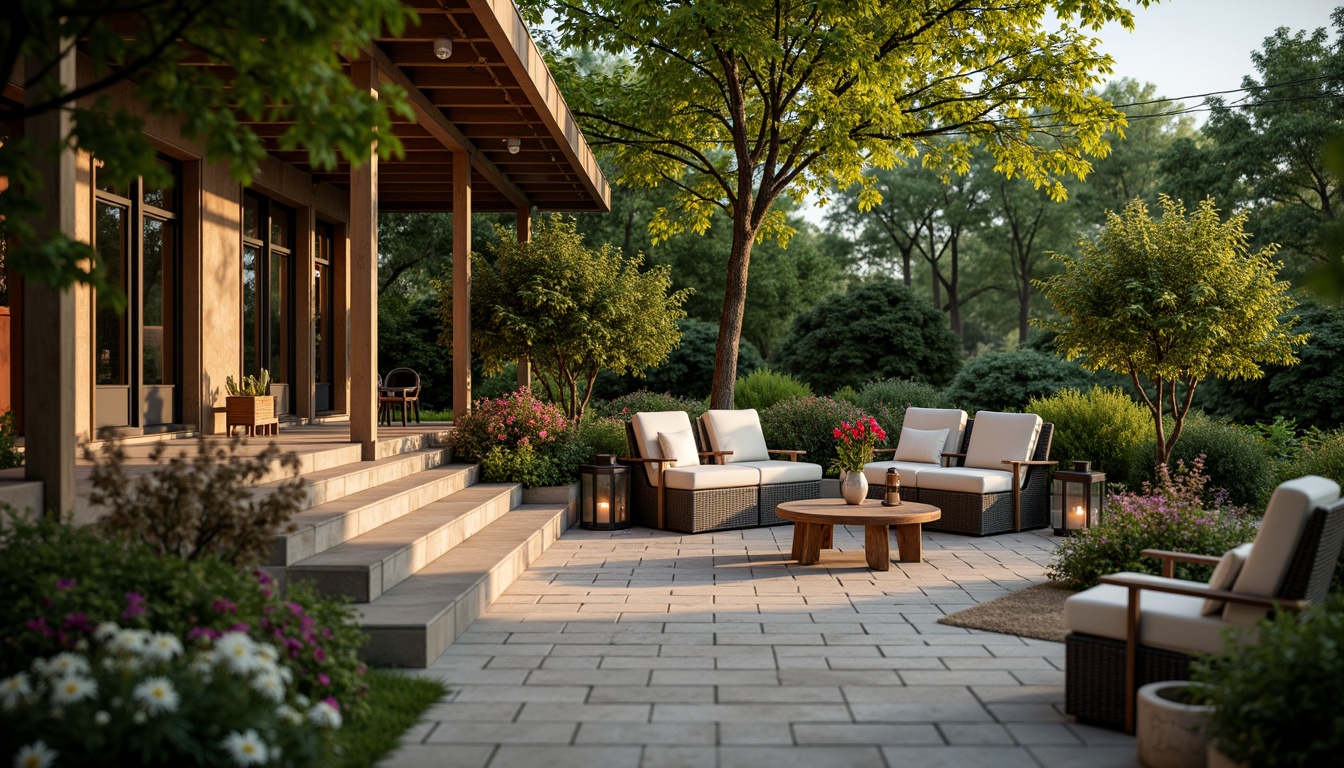 Prompt: Cozy patio, lush greenery, vibrant flowers, natural stone flooring, wooden benches, rustic lanterns, warm string lighting, soft cushions, outdoor fireplace, comfortable seating areas, serene ambiance, nature-inspired decor, earthy color palette, organic textures, shallow depth of field, 3/4 composition, panoramic view.