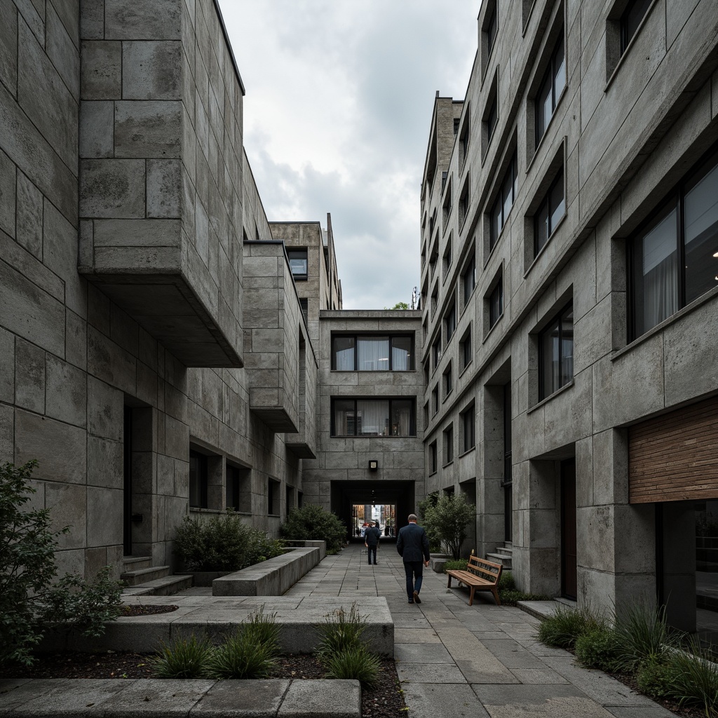 Prompt: Rough-hewn concrete walls, rugged stone facades, brutalist fortress-like structures, angular geometries, industrial-style metal beams, exposed ductwork, raw unfinished surfaces, distressed wood accents, urban cityscape backgrounds, moody overcast skies, dramatic shadows, high-contrast lighting, abstract compositions, 1/1 aspect ratio, gritty realistic textures, cinematic ambiance.