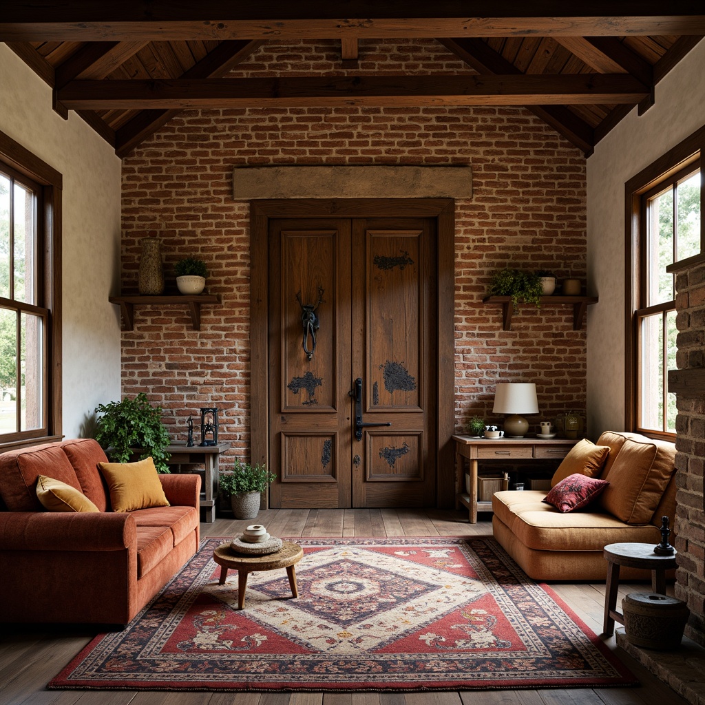 Prompt: Rustic rural cottage, ornate wooden doors, vintage metal hardware, distressed brick walls, earthy color palette, plush velvet furnishings, geometric patterned rugs, antique farm equipment, exposed wooden beams, natural stone fireplaces, decorative ceramic tiles, ornamental ironwork, soft warm lighting, shallow depth of field, 1/2 composition, symmetrical framing, realistic textures, ambient occlusion.