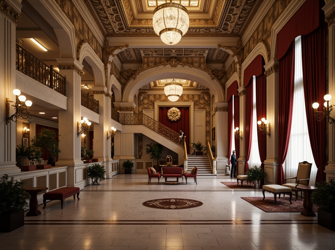 Prompt: Grand neoclassical building, ornate columns, intricate carvings, marble floors, high ceilings, sweeping archways, grand staircases, lavish chandeliers, rich velvet drapes, antique furniture pieces, subtle warm lighting, shallow depth of field, 2/3 composition, symmetrical arrangement, realistic textures, ambient occlusion, subtle color palette, elegant typography, ornate moldings, carved wooden panels.