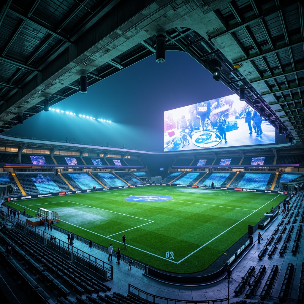 Prompt: Futuristic sports fields, neon-lit scoreboard, sleek metal bleachers, vibrant green turf, abstract geometric patterns, iridescent stadium seats, holographic advertisements, metallic flooring, high-tech athletic equipment, advanced LED lighting systems, misty atmosphere, shallow depth of field, 1/1 composition, cinematic view, realistic reflections, ambient occlusion.