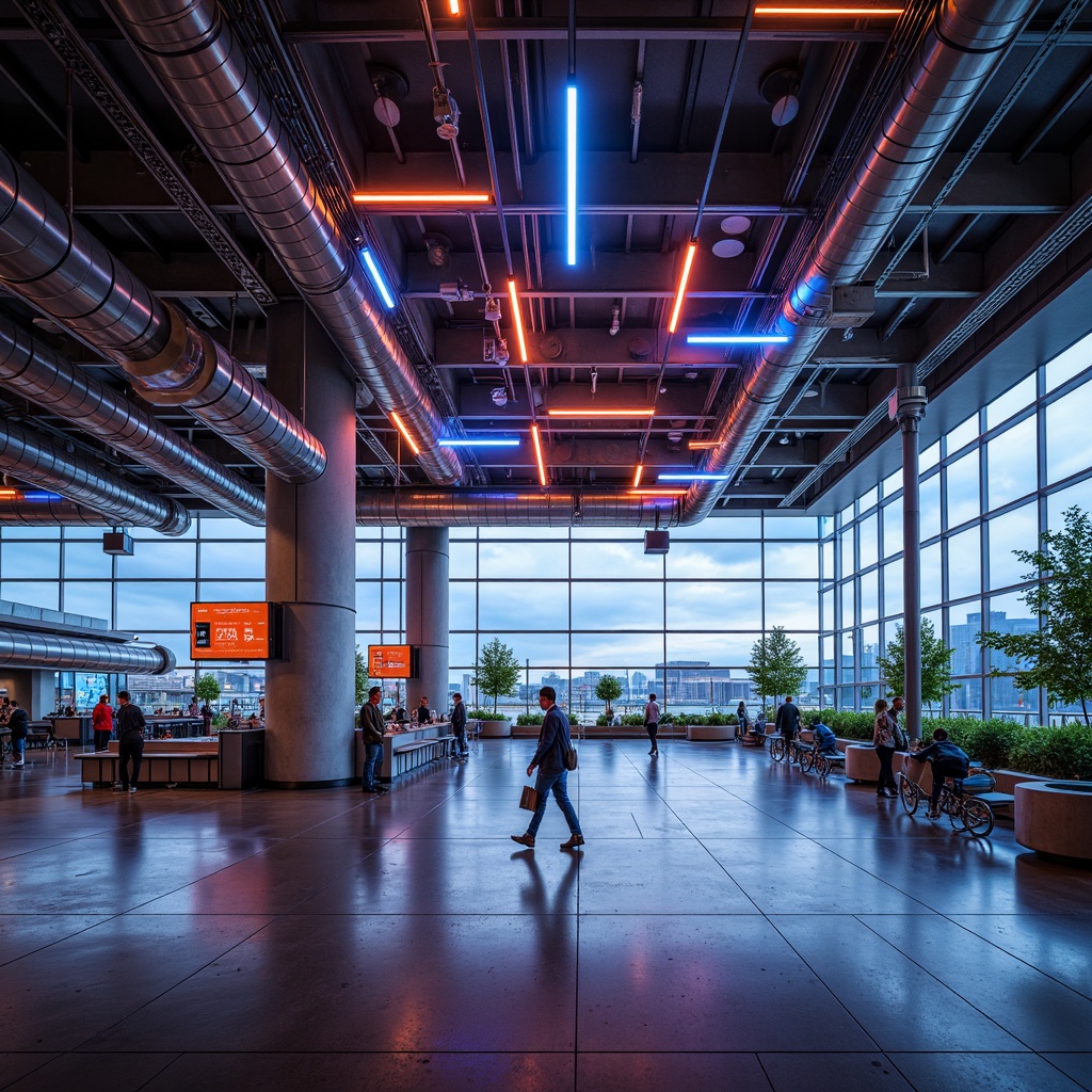 Prompt: Vibrant airport terminal, futuristic architecture, neon lights, metallic surfaces, reflective glass ceilings, industrial pipes, concrete floors, dynamic LED displays, modern check-in counters, sleek security checkpoints, urban cityscape views, cloudy skies, warm ambient lighting, shallow depth of field, 3/4 composition, panoramic view, realistic textures, ambient occlusion.