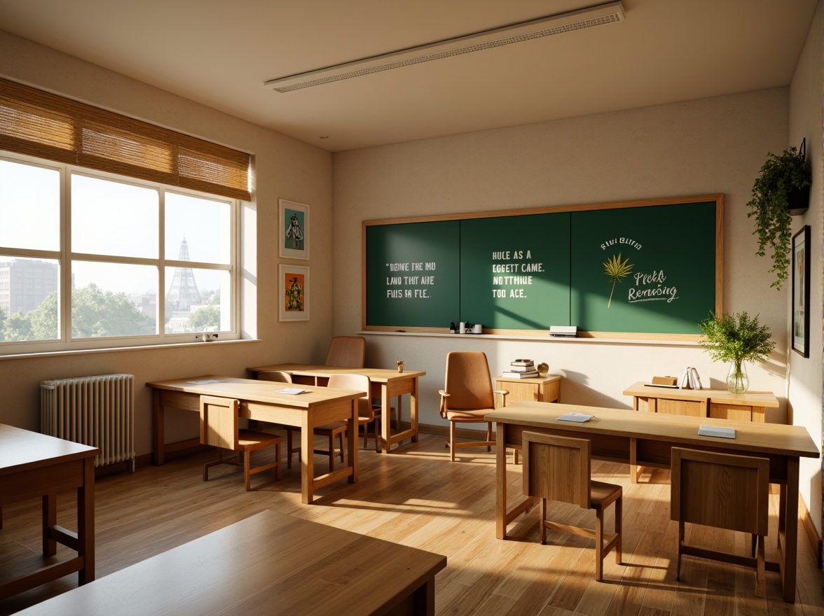 Prompt: Softly lit classrooms, wooden desks, green chalkboards, inspirational quotes, playful student artwork, natural fiber curtains, gentle foldable shades, warm beige walls, modern minimalist furniture, ergonomic chairs, educational posters, calming color schemes, softbox lighting, 1/2 composition, subtle textures, atmospheric rendering.