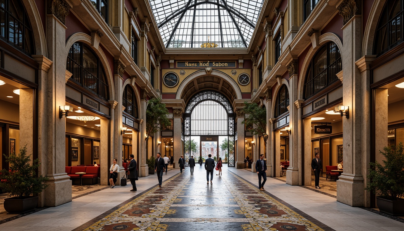 Prompt: Ornate tram station, grandiose entrance, intricate ironwork, ornamental gates, vintage lamp posts, polished marble floors, high ceilings, elegant chandeliers, sophisticated signage, luxurious waiting areas, comfortable seating, vibrant colorful mosaics, geometric patterned tiles, warm soft lighting, shallow depth of field, 1/2 composition, realistic textures, ambient occlusion.