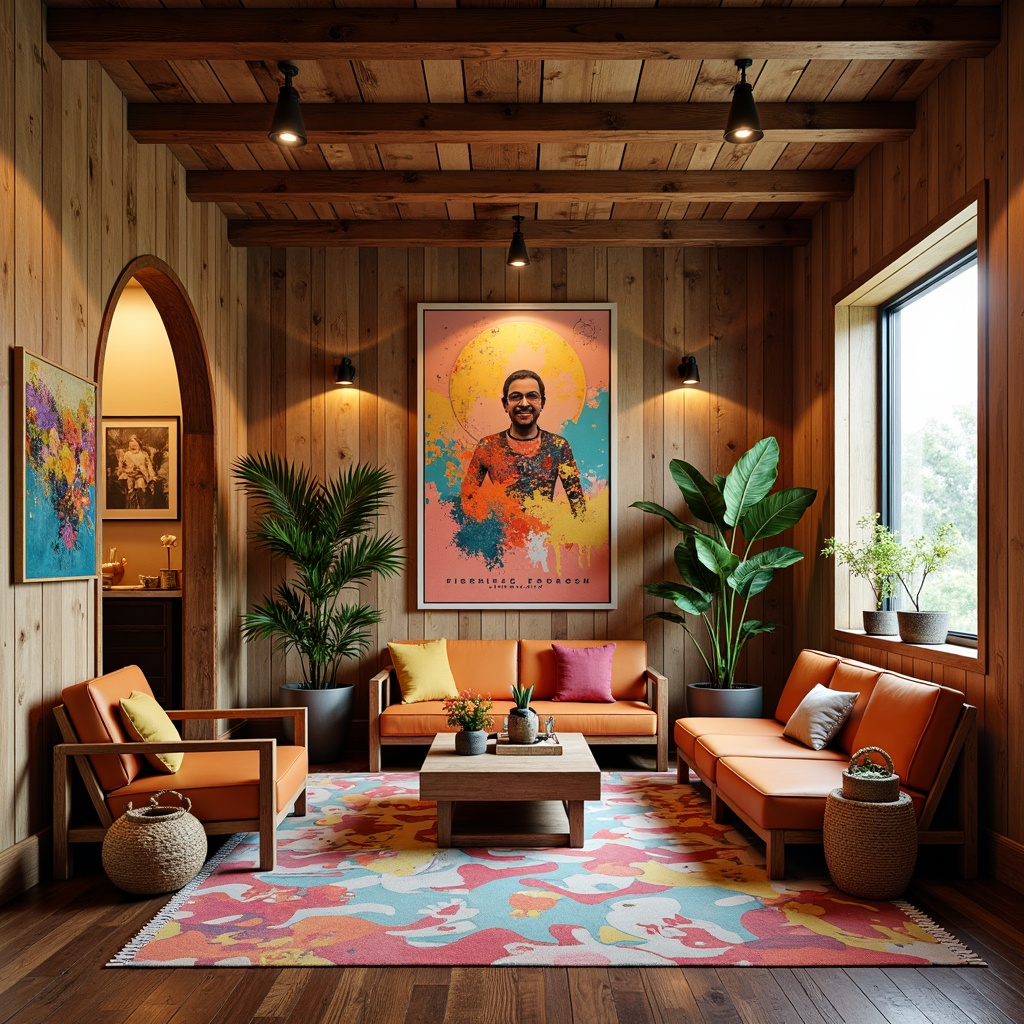 Prompt: Vibrant artistic studio, natural wood accents, earthy tone walls, eclectic furniture, bold colorful artwork, abstract patterned rugs, warm soft lighting, cozy atmosphere, comfortable seating areas, inspirational quotes, creative freedom, relaxed mood, 3/4 composition, shallow depth of field, realistic textures, ambient occlusion.