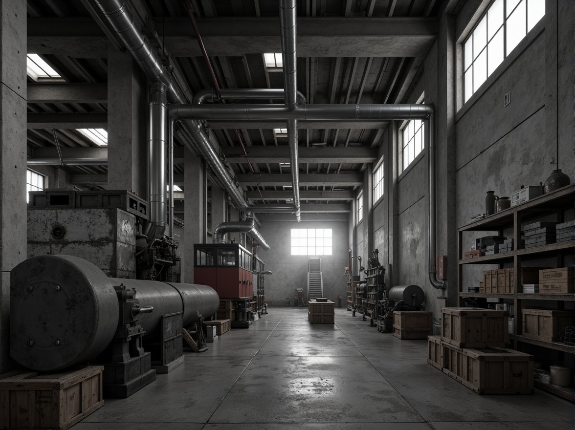 Prompt: Industrial warehouse setting, distressed concrete walls, exposed ductwork, metal beams, minimalist aesthetic, monochromatic color scheme, emphasis on texture and form, oversized machinery, heavy-duty shelving units, utilitarian lighting fixtures, atmospheric misting, subtle gradient mapping, cinematic depth of field, 2.5D composition, dramatic shadows, metallic reflections, intricate pipe networks, worn wooden crates, distressed metal accents, mysterious ambient occlusion.