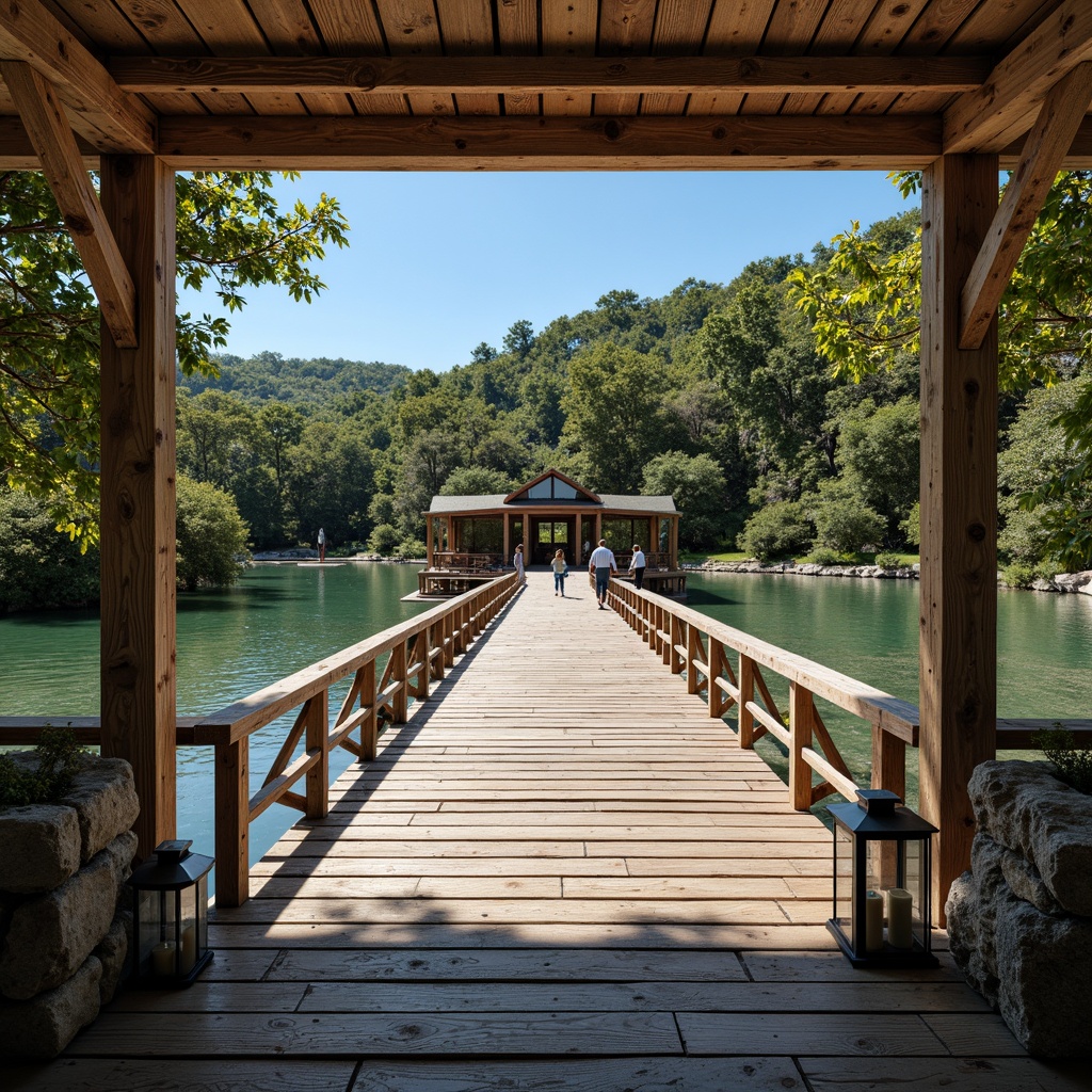 Prompt: Rustic boathouse, wooden dock, serene lake views, nautical accents, aquatic blues, earthy browns, weathered wood textures, vintage metal lanterns, natural stone walls, lush greenery, sunny afternoon, warm golden lighting, shallow depth of field, 3/4 composition, realistic reflections, ambient occlusion.