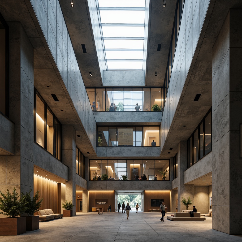 Prompt: Massive brutalist building, rugged concrete texture, geometric angular forms, fortress-like structure, grand atrium, open floor plan, minimalist decor, industrial materials, exposed ductwork, natural stone accents, steel beams, floor-to-ceiling windows, clerestory windows, skylights, diffused warm lighting, soft shadows, high contrast ratios, dramatic light fall-off, cinematic composition, 2.35