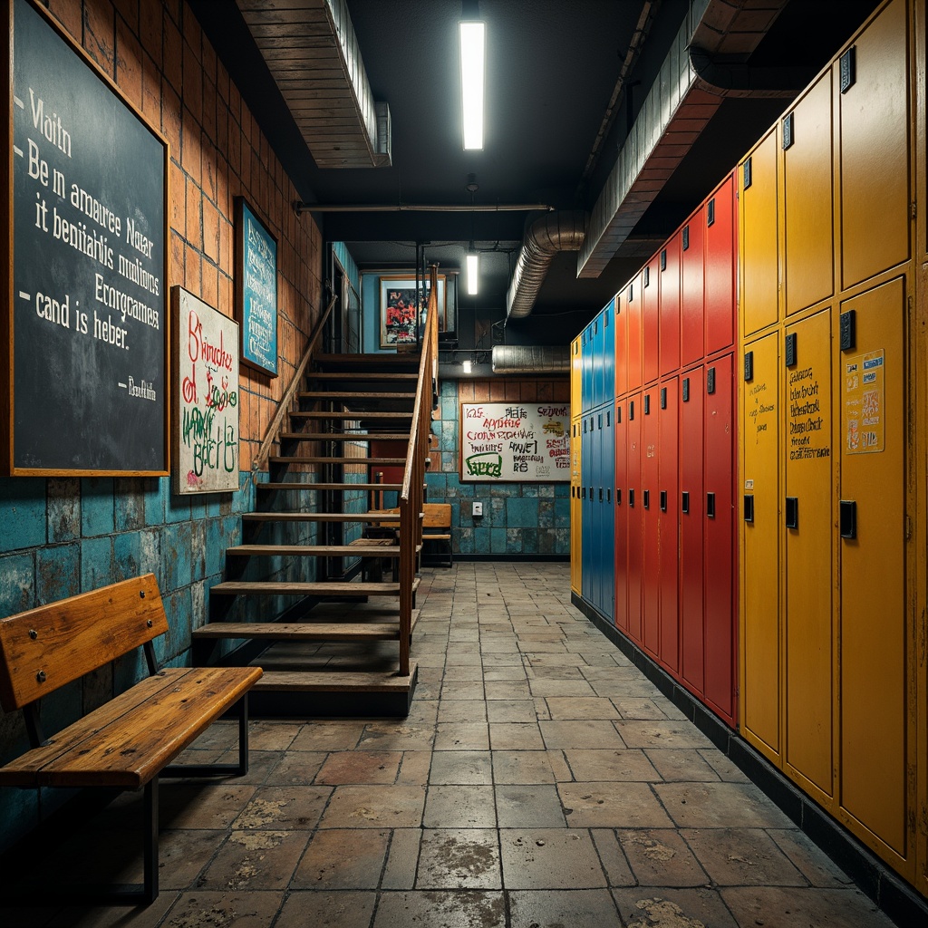 Prompt: Vibrant colored lockers, distressed wooden benches, scuffed linoleum floors, worn-out chalkboards, eclectic mix of student artwork, faded inspirational quotes, rustic metal staircases, exposed ductwork, industrial-style lighting fixtures, urban graffiti, stencil typography, ripped denim textures, DIY punk rock aesthetic, moody atmospheric lighting, high contrast shadows, cinematic close-ups, 1/2 composition, gritty realistic rendering.