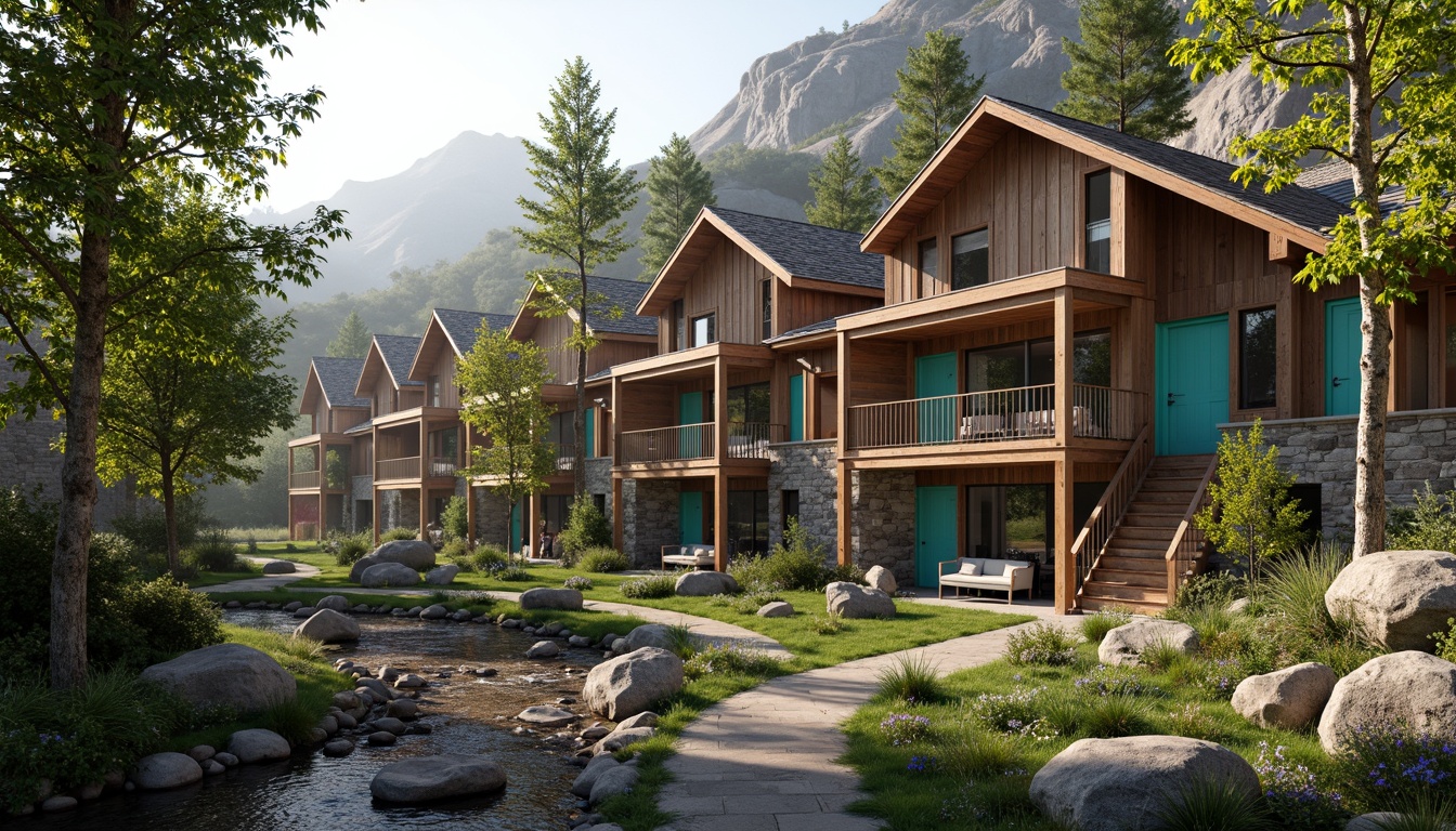 Prompt: Rustic mountain homes, eclectic architecture, rugged stone walls, wooden accents, vibrant turquoise doors, asymmetrical facades, lush greenery, winding pathways, natural boulders, meandering streams, water features, rustic metal bridges, wooden decks, panoramic views, misty mornings, soft warm lighting, shallow depth of field, 1/1 composition, realistic textures, ambient occlusion.