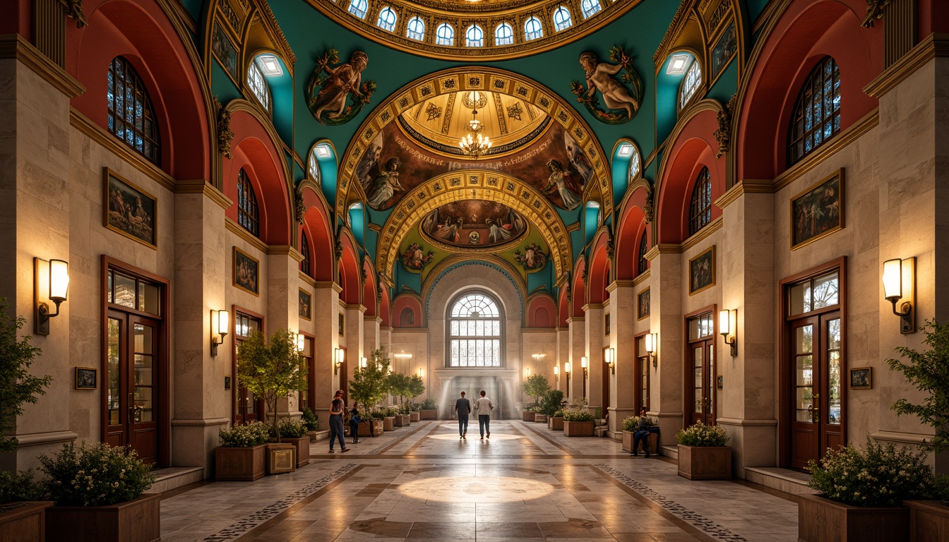 Prompt: \Intricate Byzantine architecture, ornate golden domes, vibrant turquoise mosaics, rich crimson red accents, warm beige stone walls, lavish jewel-toned frescoes, opulent marble floors, soft warm candlelight, atmospheric misty ambiance, 1/1 composition, shallow depth of field, realistic textures, ambient occlusion.\