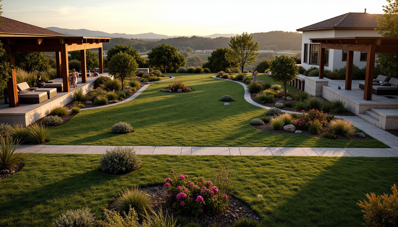 Prompt: Sloping suburban amphitheater, lush green grass, vibrant flowerbeds, meandering walkways, natural stone seating areas, wooden pergolas, ornate metal railings, rustic landscape lighting, soft evening ambiance, warm sunset colors, 1/1 composition, realistic textures, ambient occlusion, rolling hills, distant tree lines, serene atmosphere, outdoor recreational spaces, community gathering areas, environmentally friendly designs.