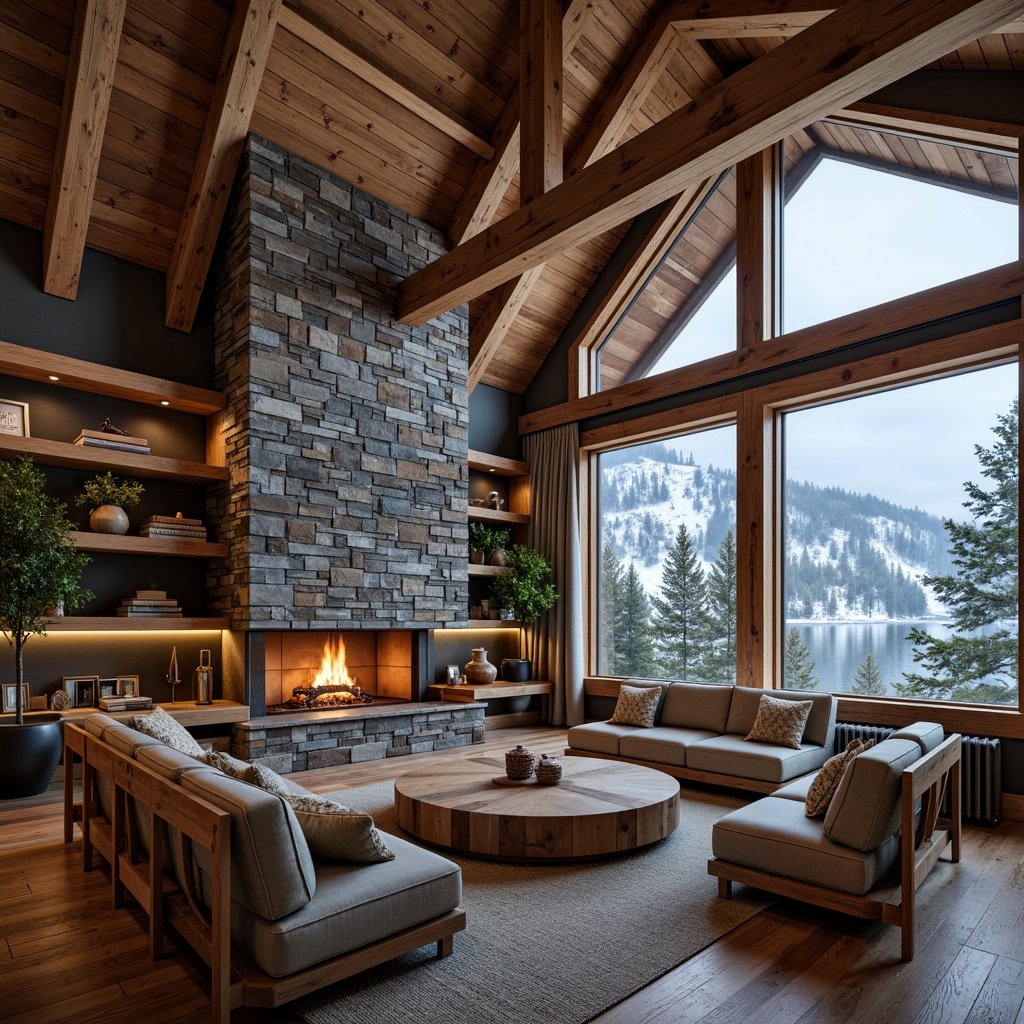 Prompt: Rustic ski lodge, wooden accents, stone walls, natural fabrics, earthy color palette, snow-capped mountains, frozen lakes, evergreen trees, warm candlelight, cozy fireplaces, reclaimed wood beams, woven textiles, hand-hewn furniture, organic shapes, eco-friendly materials, sustainable building practices, panoramic views, vast open spaces, dramatic ceiling heights, soft warm lighting, shallow depth of field, 3/4 composition.