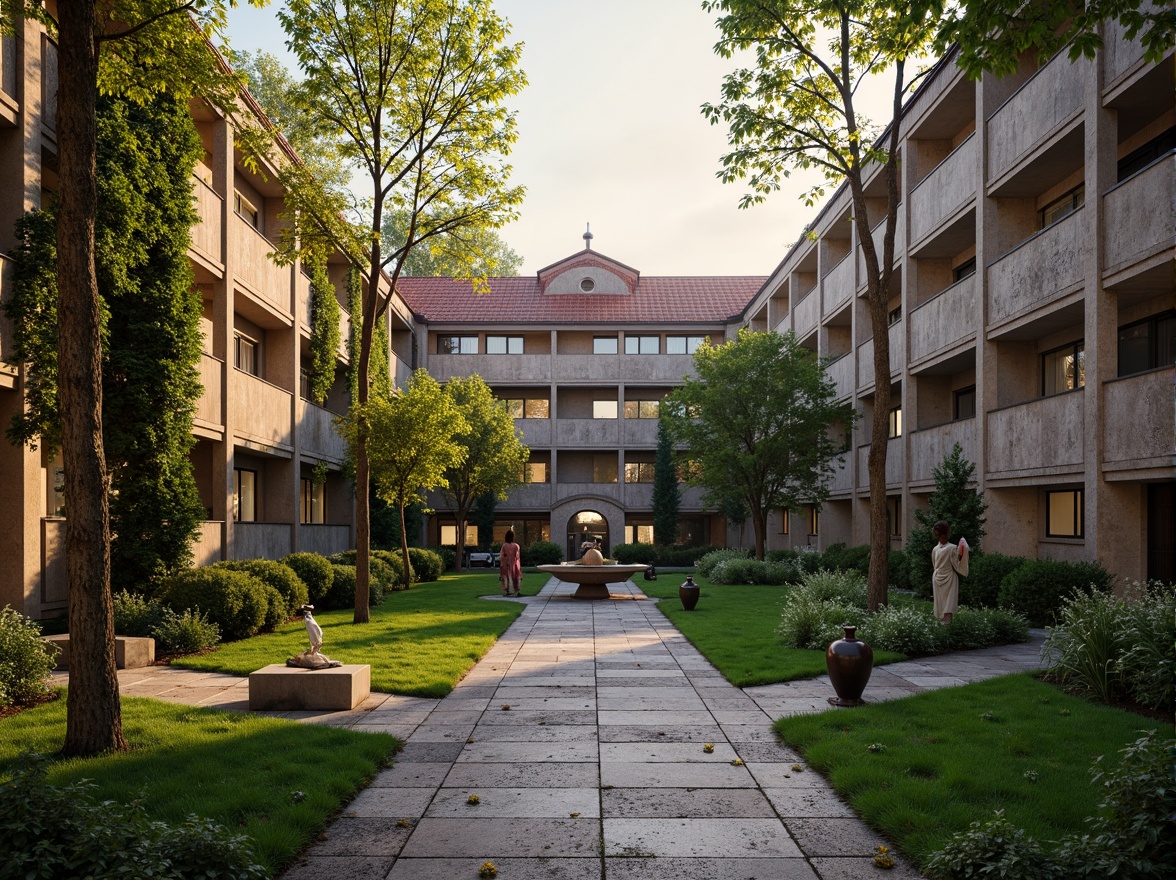 Prompt: Rustic academic courtyard, weathered stone walls, ivy-covered buildings, ornate fountains, symmetrical pathways, lush green lawns, mature trees, lantern-style streetlights, elegant benches, classical statues, vintage garden ornaments, soft morning light, warm golden hour, shallow depth of field, 1/2 composition, natural textures, ambient occlusion.