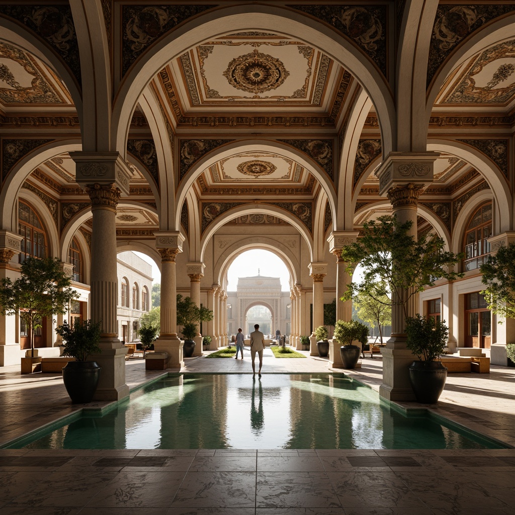 Prompt: Symmetrical palace, grand entrance, ornate details, reflective pools, identical arches, perfect radial balance, harmonious proportions, geometric patterns, intricate mosaics, luxurious marble floors, majestic columns, imposing facades, precise grid layout, bilateral symmetry, central axis, monumental scale, dramatic lighting, low-angle shot, atmospheric perspective, cinematic composition, realistic reflections, ambient occlusion.