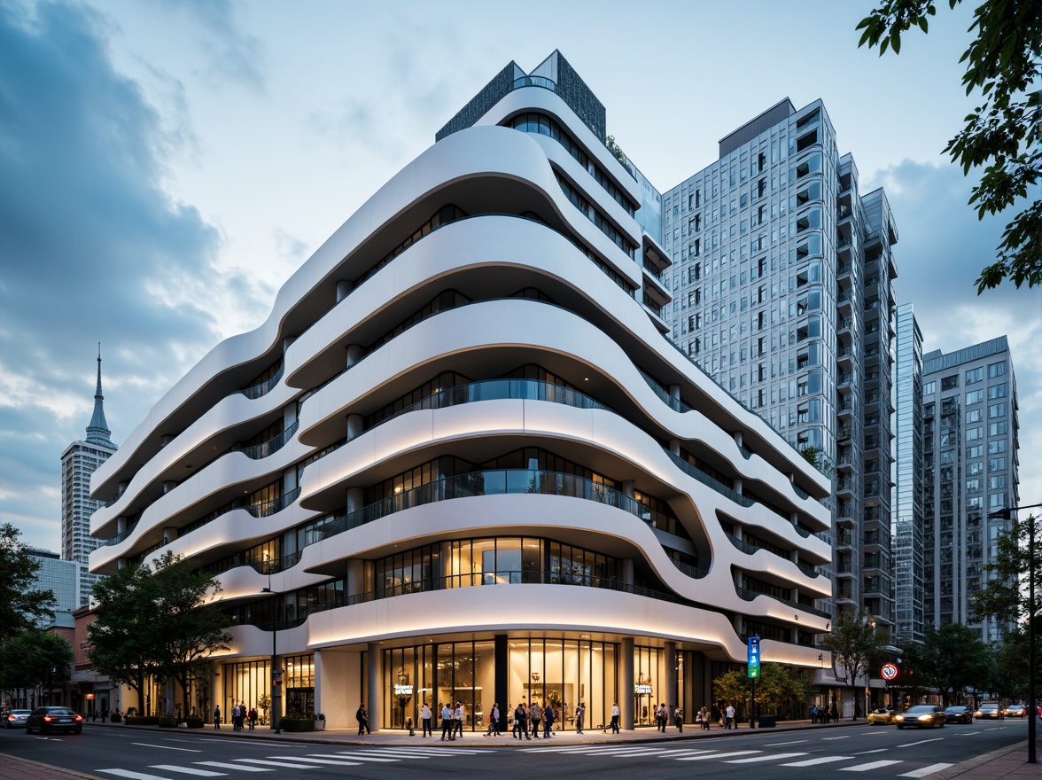 Prompt: Sleek streamline moderne building, curved rooflines, metallic cladding, silver accents, minimalist facades, large glass windows, sliding doors, urban cityscape, busy streets, modern skyscrapers, cloudy blue sky, warm sunlight, shallow depth of field, 1/2 composition, low-angle shot, realistic reflections, ambient occlusion.