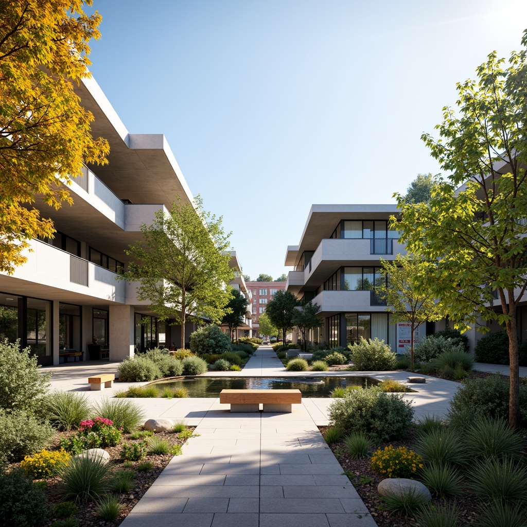 Prompt: Modern school building, sleek lines, minimalist design, large windows, glass doors, cantilevered roofs, open courtyard, lush greenery, vibrant flowers, natural stone walkways, educational signage, water feature, small pond, stepping stones, native plants, seasonal blooming trees, sunny day, soft warm lighting, shallow depth of field, 3/4 composition, panoramic view, realistic textures, ambient occlusion, outdoor seating areas, recycled plastic benches, eco-friendly materials, innovative stormwater management systems.