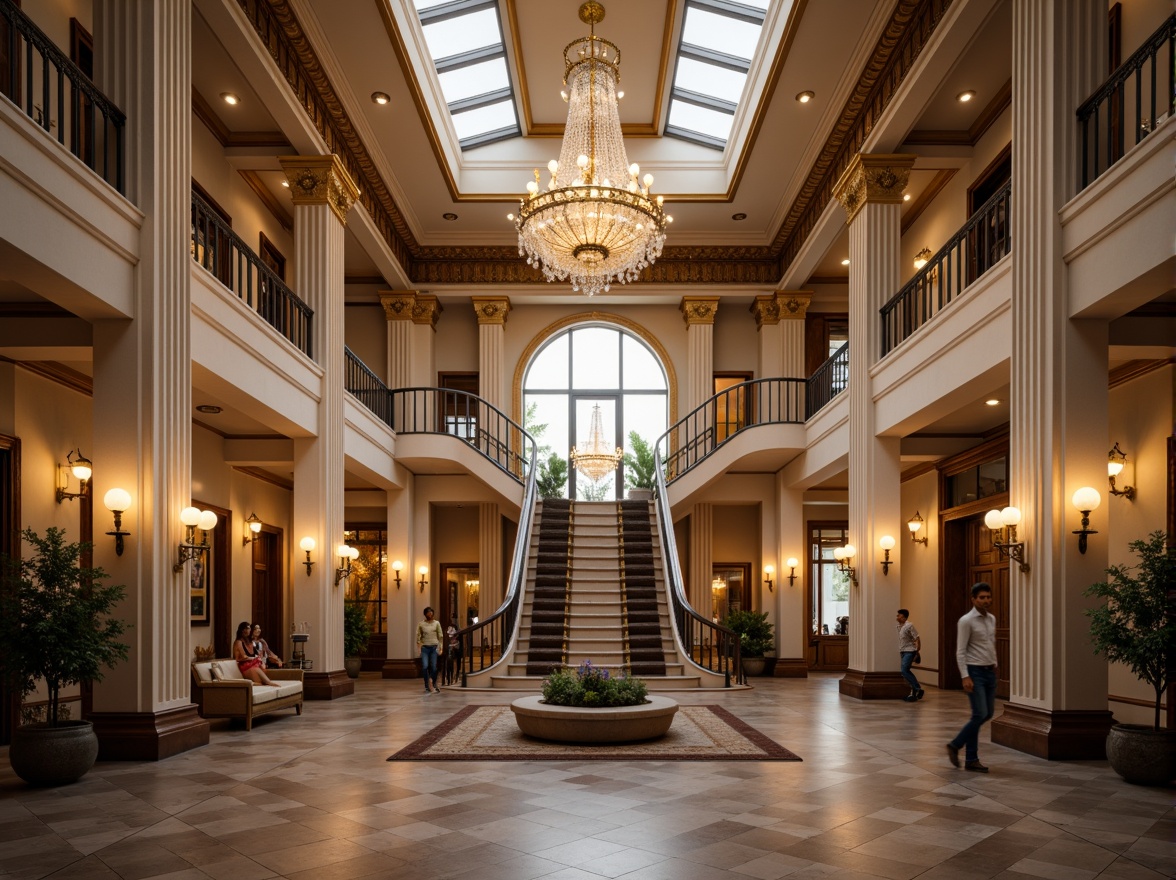 Prompt: Elegant classical building, symmetrical fa\u00e7ade, balanced proportions, ornate details, Corinthian columns, grand entrance, sweeping staircases, high ceilings, crystal chandeliers, rich textiles, luxurious furnishings, natural stone floors, subtle color palette, warm ambient lighting, shallow depth of field, 2/3 composition, panoramic view, realistic textures, ambient occlusion.