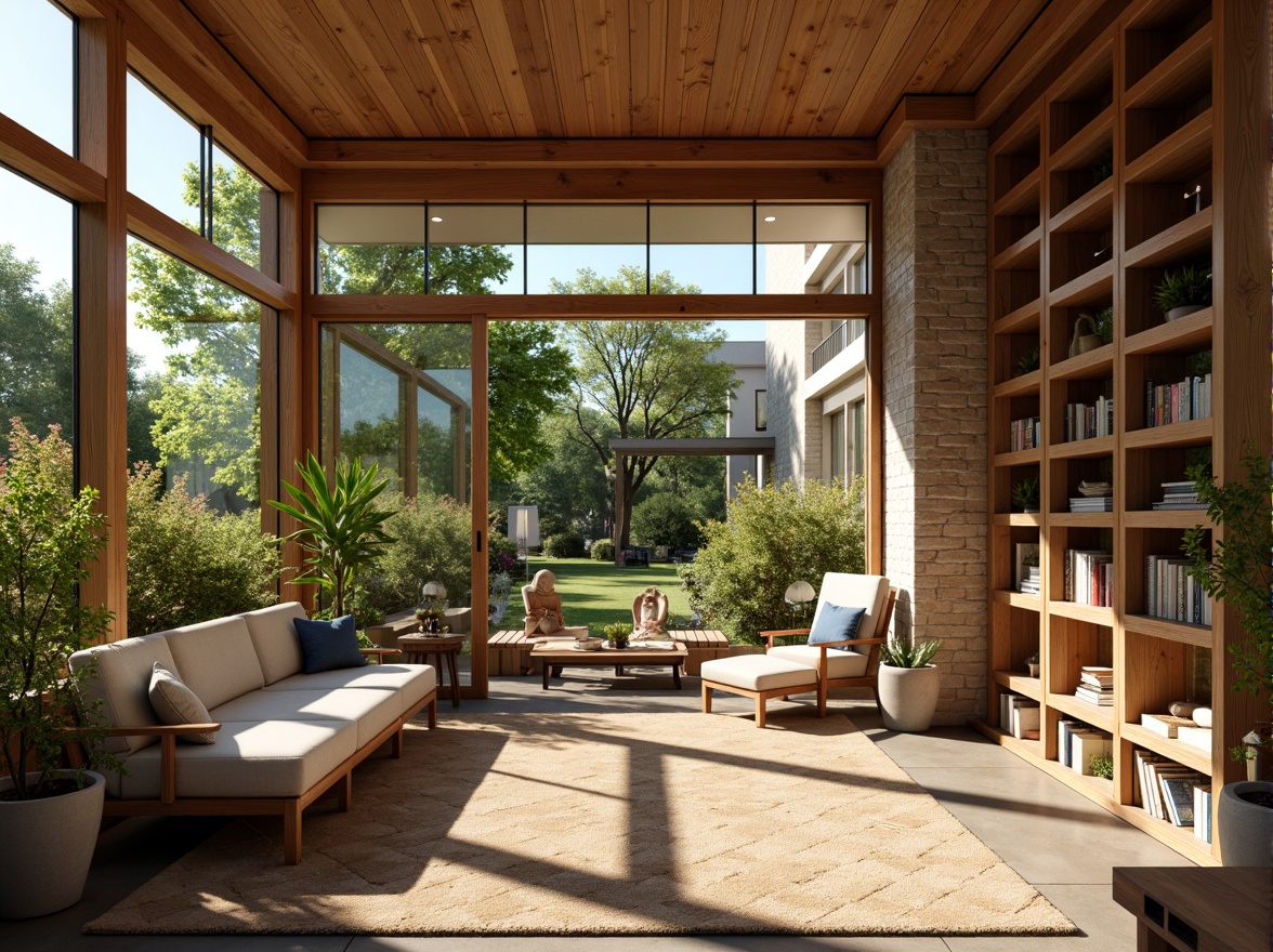 Prompt: Cozy reading nook, warm wooden shelves, soft natural lighting, floor-to-ceiling windows, minimalist interior design, comfortable seating areas, peaceful atmosphere, rustic stone walls, earthy tone color scheme, lush greenery, outdoor garden views, subtle texture variations, realistic wood grain, ambient occlusion, 1/1 composition, shallow depth of field, warm sunny day, soft shadows.