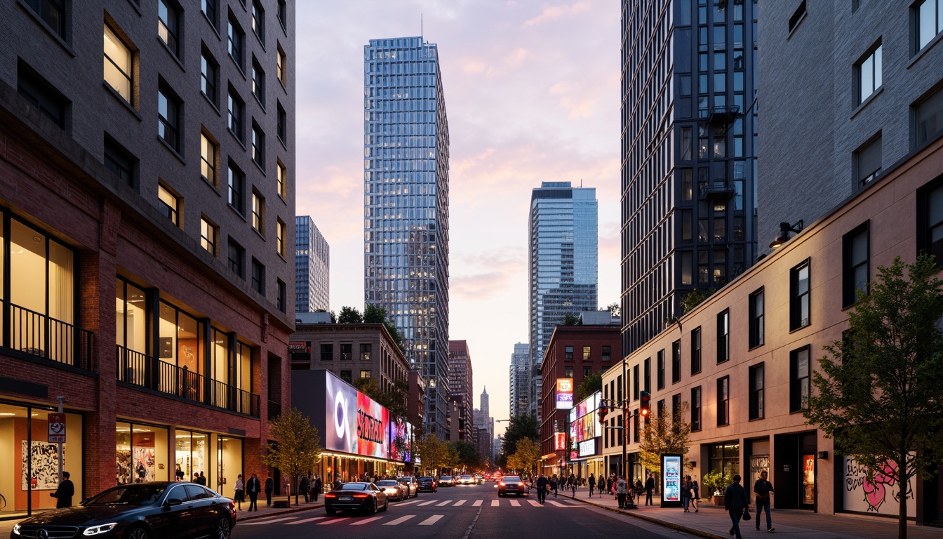 Prompt: Vibrant cityscape, modern skyscrapers, bold color blocking, contrasting textures, metallic accents, neon lights, urban landscape, bustling streets, pedestrian traffic, abstract art installations, colorful graffiti, dynamic lighting effects, warm golden hour, shallow depth of field, 1/2 composition, cinematic view, realistic renderings, ambient occlusion.