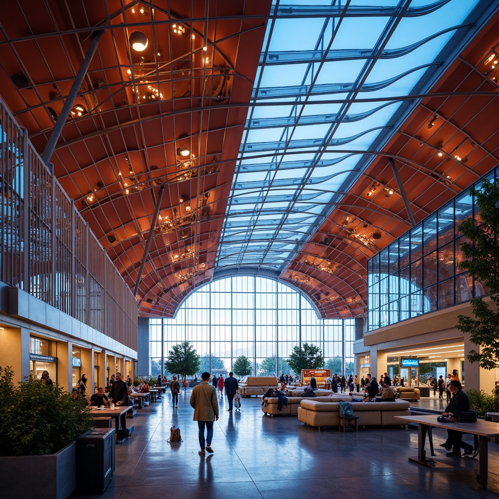 Prompt: Vibrant airport terminal, dynamic curvature lines, bold geometric shapes, bright LED lighting, reflective metal surfaces, futuristic glass fa\u00e7ades, modernist architecture, abstract art installations, urban cityscape views, busy travel atmosphere, warm natural light, shallow depth of field, 1/1 composition, wide-angle lens, realistic materials, ambient occlusion, intricate structural details, cantilevered roofs, angular columns, metallic textures, bold color schemes.