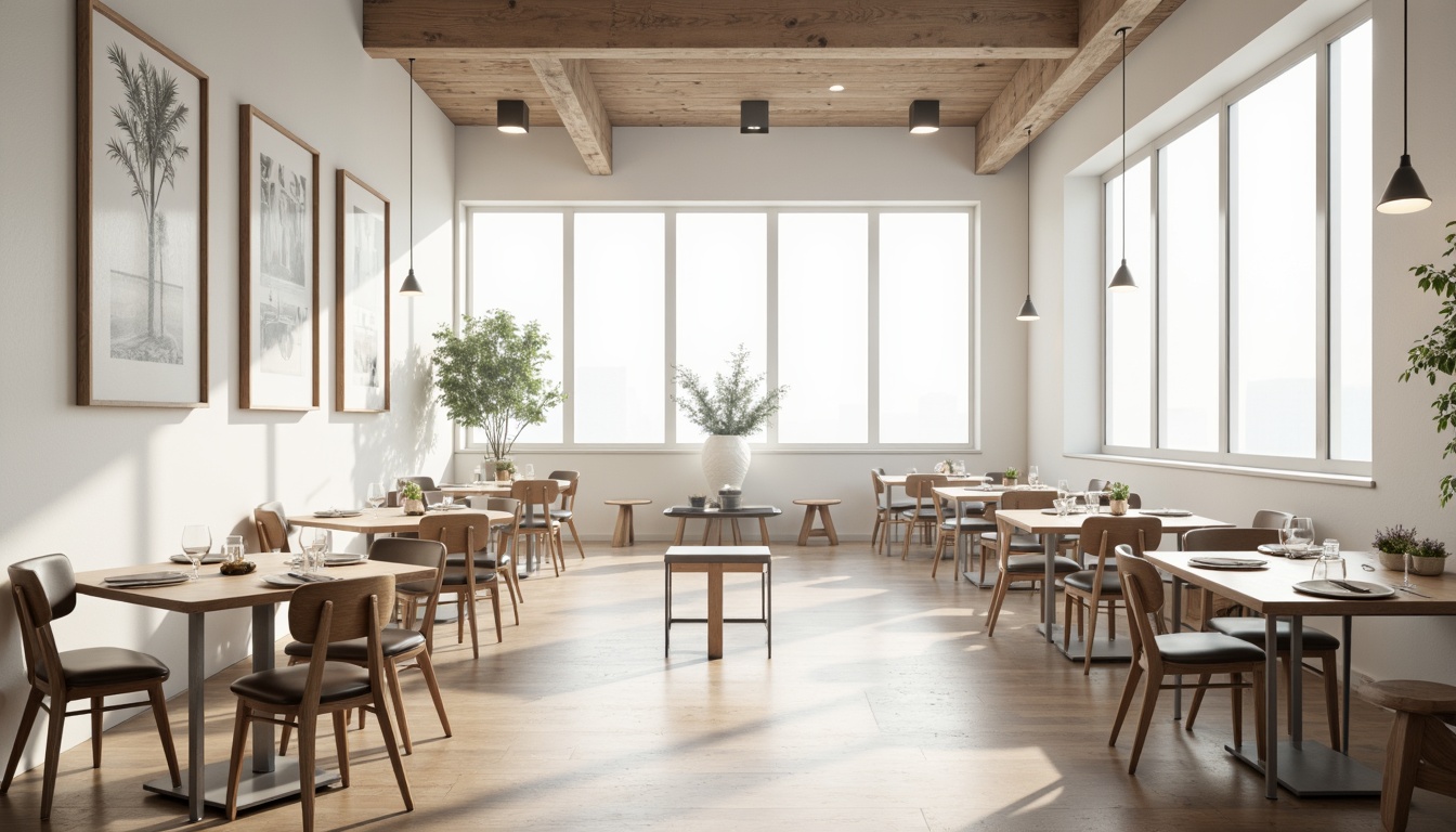 Prompt: Minimalist dining hall, open layout, sleek tables, slim chairs, polished wooden floors, white walls, floor-to-ceiling windows, natural light pouring in, modern pendant lights, subtle textures, neutral color palette, spacious atmosphere, refined simplicity, 1/1 composition, softbox lighting, shallow depth of field, realistic renderings.