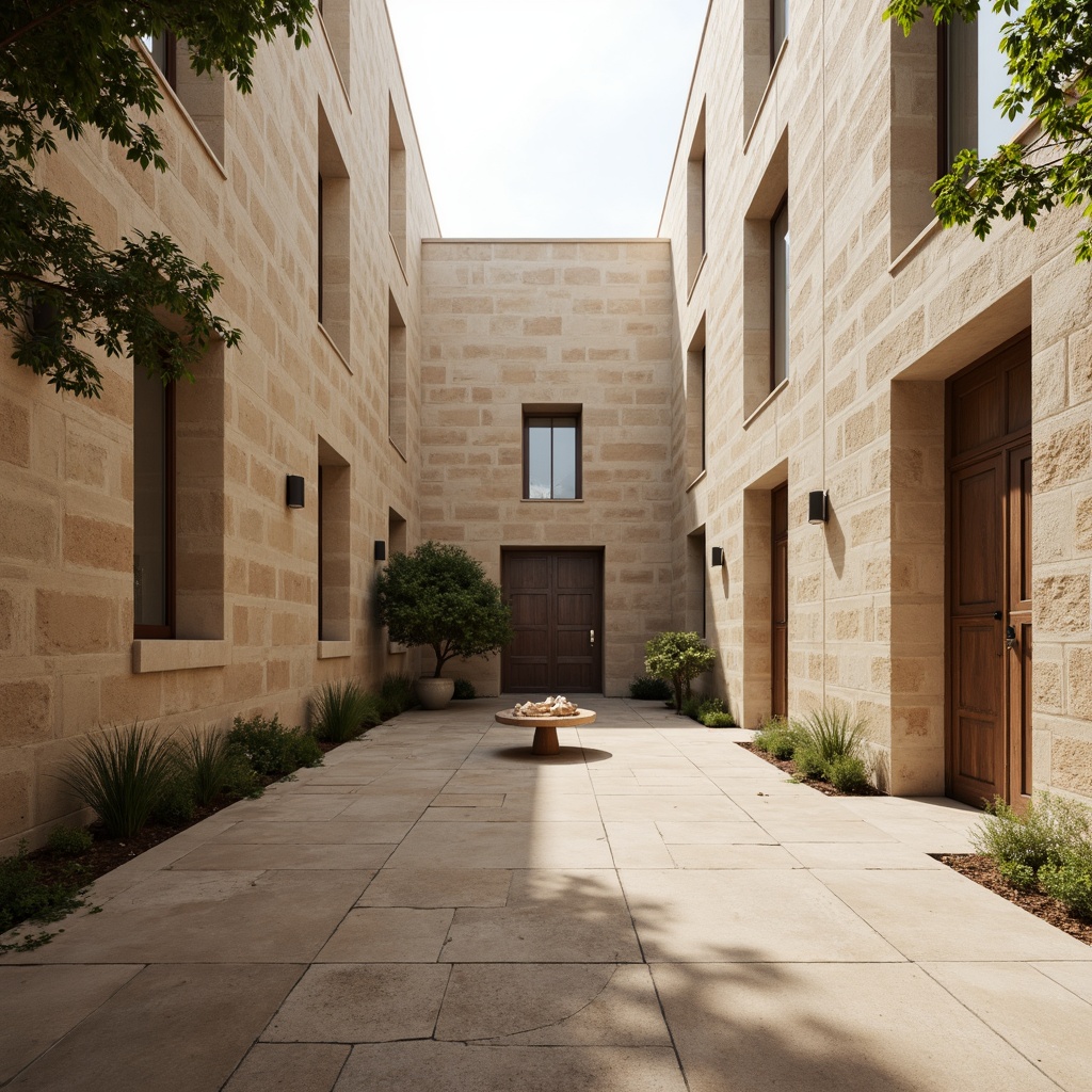 Prompt: Serene monastery courtyard, natural stone walls, minimalist architecture, clean lines, simple forms, functional design, large windows, clerestory lighting, soft diffused light, warm beige tones, rustic wooden doors, sparse greenery, peaceful ambiance, morning dew, subtle shadows, high contrast ratio, 1/1 composition, symmetrical framing, realistic textures, ambient occlusion.