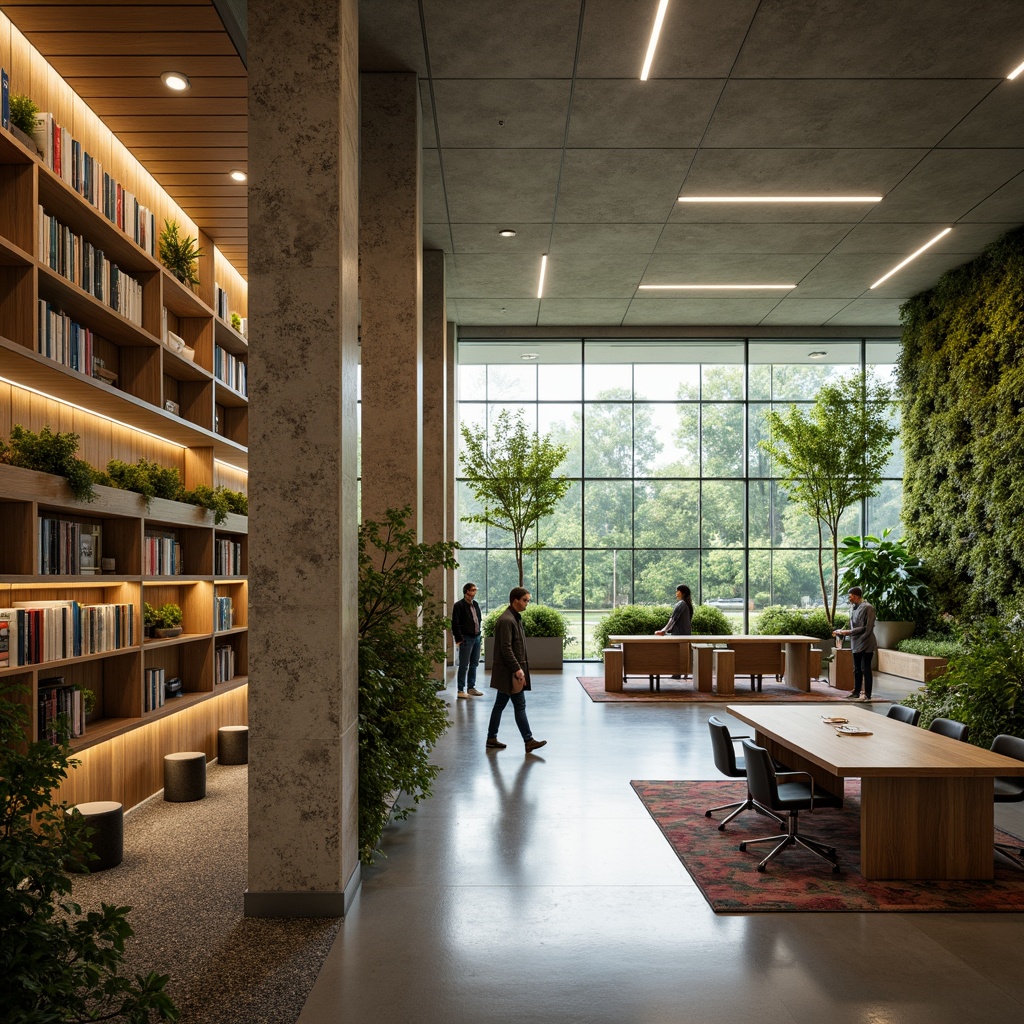 Prompt: Contemporary library interior, natural stone walls, reclaimed wood shelves, eco-friendly carpeting, minimalist design, abundant natural light, floor-to-ceiling windows, wooden reading tables, ergonomic chairs, soft warm lighting, shallow depth of field, 3/4 composition, realistic textures, ambient occlusion, vibrant greenery, living walls, vertical gardens, urban oasis, calm atmosphere, quiet ambiance.