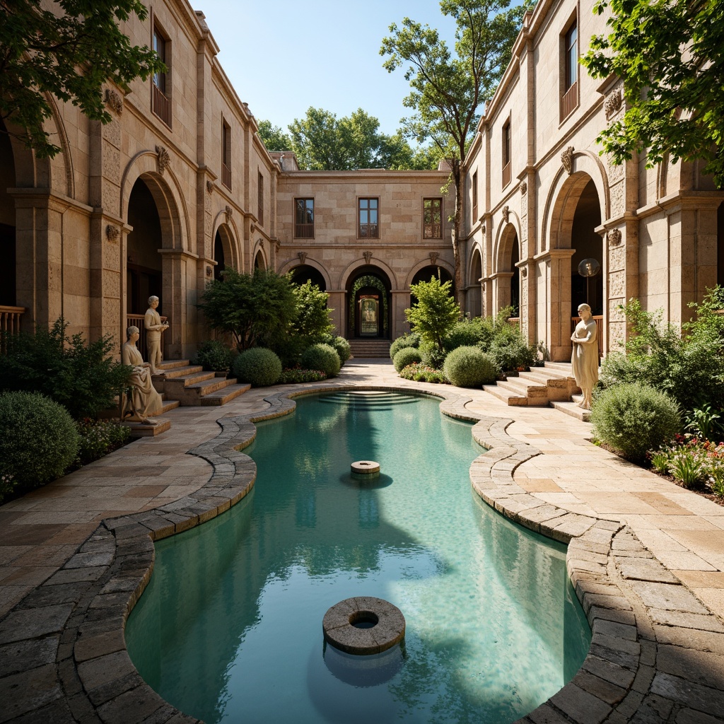 Prompt: Ornate baroque pool, curved stone walls, decorative masonry patterns, intricate fountain designs, ornamental water features, grandiose statues, luxurious vegetation, warm sunny day, soft natural lighting, shallow depth of field, 1/1 composition, symmetrical architecture, rustic stone textures, ambient occlusion.