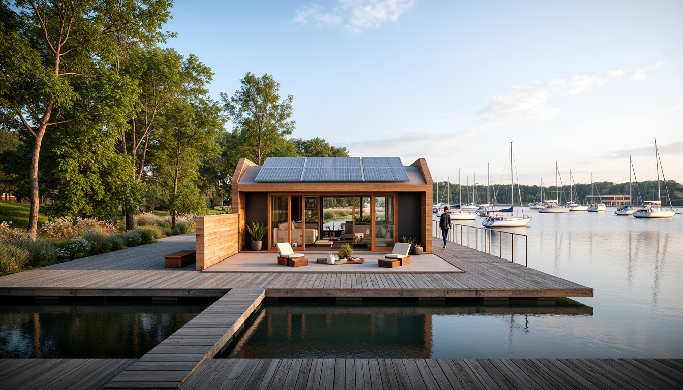 Prompt: Waterfront location, serene lake views, wooden dock, sailboats, eco-friendly boathouse architecture, green roofs, solar panels, wind turbines, rainwater harvesting systems, recycled materials, natural wood accents, large windows, sliding glass doors, minimal carbon footprint, sustainable design, energy-efficient appliances, composting toilets, organic gardens, aquatic life preservation, soft warm lighting, shallow depth of field, 3/4 composition, panoramic view, realistic textures, ambient occlusion.