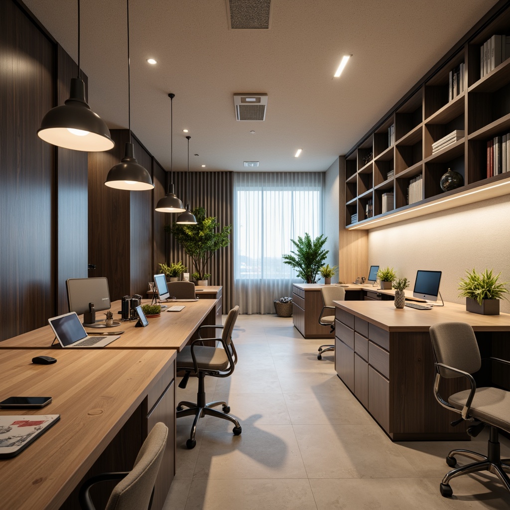 Prompt: Modern office interior, minimalist decor, sleek metal furniture, ergonomic chairs, spacious workstations, adjustable desks, ample storage cabinets, convenient outlets, soft warm lighting, subtle color scheme, acoustic panels, noise reduction, 1/1 composition, shallow depth of field, realistic textures, ambient occlusion.