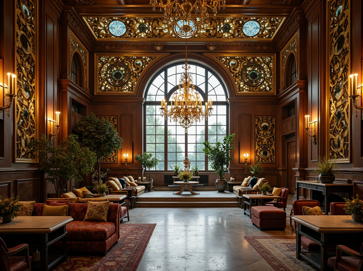 Prompt: Intricate ironwork, flowing organic lines, sinuous curves, ornate botanical motifs, stylized flowers, leaves, and vines, luxurious materials, polished brass, shimmering glass mosaics, iridescent ceramics, warm golden lighting, soft focus, shallow depth of field, 2/3 composition, symmetrical framing, opulent furnishings, velvet drapes, carved wooden paneling, ornate mirrors, grandiose chandeliers, lavish textiles, peacock-inspired colors.