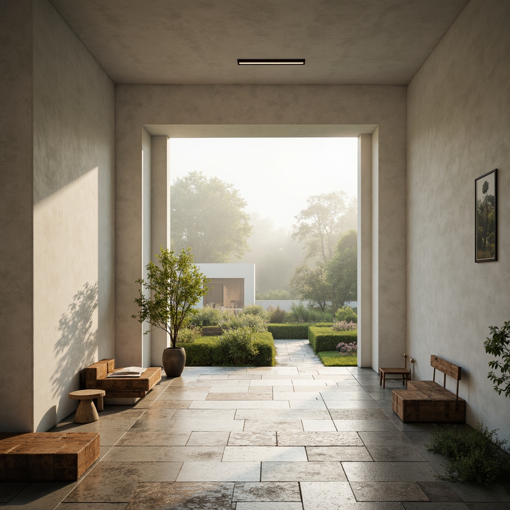 Prompt: Simplistic monastery, minimalist architecture, clean lines, white walls, large windows, natural light pouring in, rustic stone floors, wooden benches, sparse decorations, serene atmosphere, peaceful surroundings, lush greenery outside, misty morning light, soft warm glow, high contrast, shallow depth of field, 1/2 composition, realistic textures, ambient occlusion.