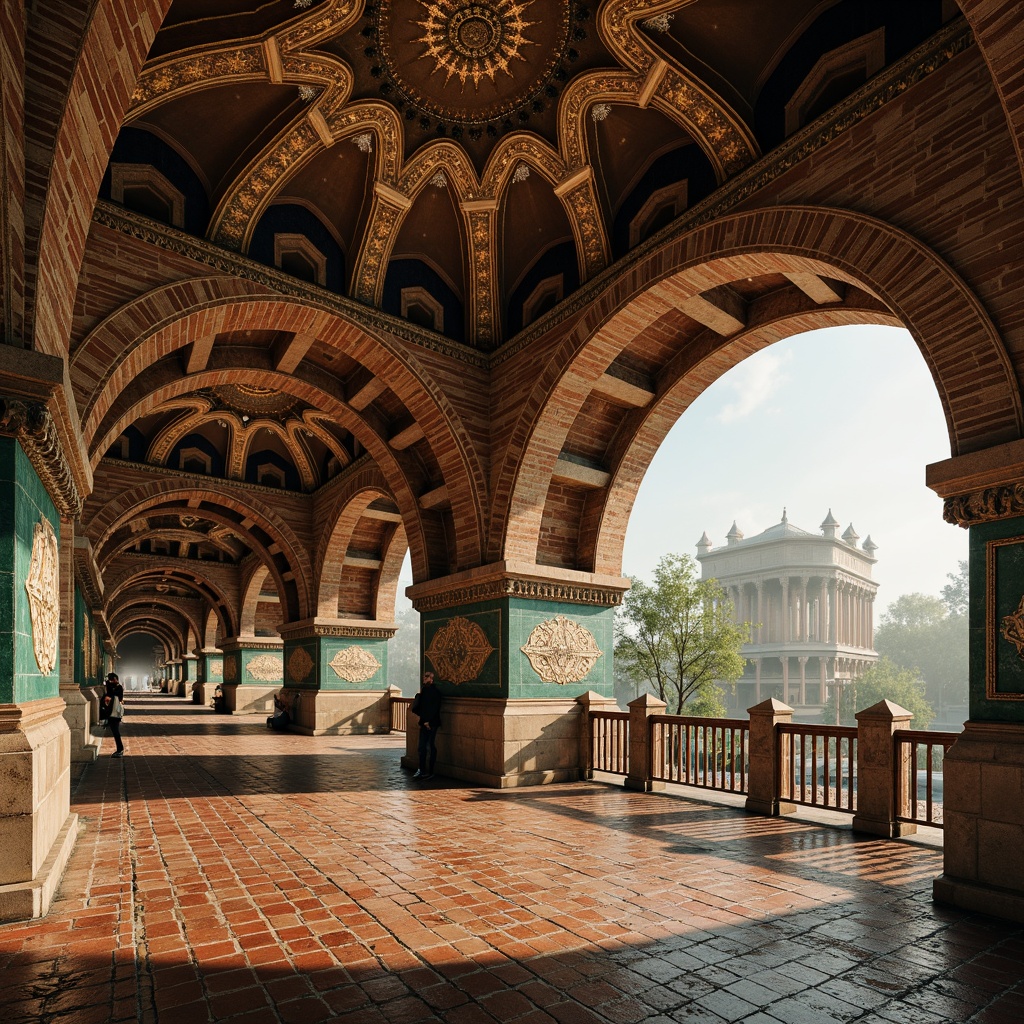 Prompt: Majestic Byzantine bridge, ornate stone carvings, warm golden arches, rustic red brick piers, intricate mosaic patterns, rich turquoise accents, weathered copper railings, soft misty atmosphere, dramatic sunlight filtering, shallow depth of field, 1/2 composition, realistic textures, ambient occlusion.