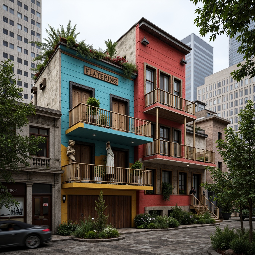 Prompt: Vibrant eclectic buildings, mixed materials, bold color palette, contrasting textures, reclaimed wood accents, industrial metal frames, ornate Victorian details, distressed finishes, natural stone foundations, abstract sculptures, lush green roofs, urban cityscape backdrop, overcast sky, dramatic lighting, deep shadows, 1/1 composition, cinematic atmosphere, intricate architectural details.