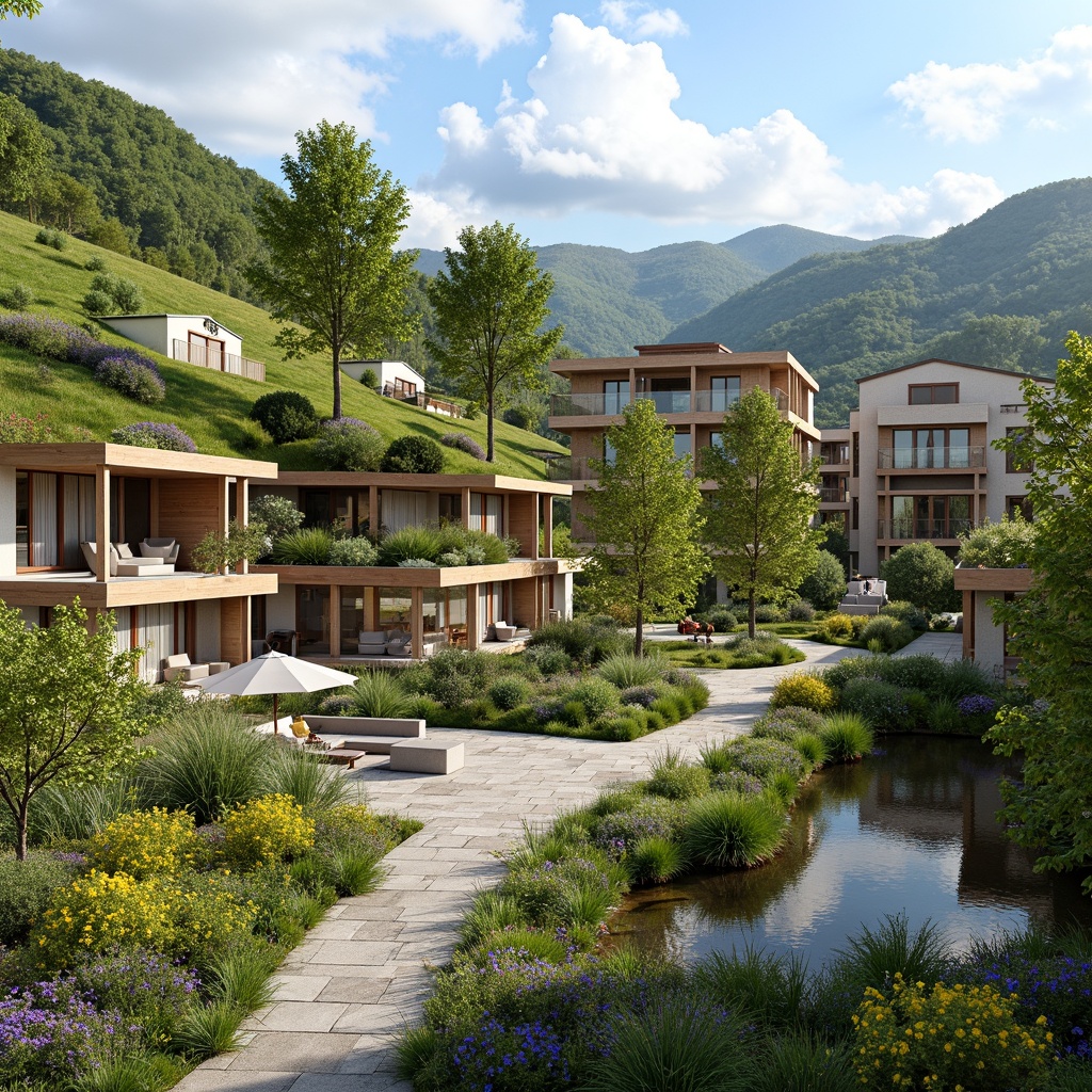 Prompt: Seamless landscape integration, rolling hills, lush greenery, meandering pathways, natural stone retaining walls, rustic wooden fences, vibrant wildflowers, serene water features, reflecting pools, modern architecture, harmonious building placement, cohesive color palette, earthy tones, organic textures, ambient occlusion, shallow depth of field, 1/1 composition, panoramic view, realistic lighting, warm sunny day, gentle breeze.