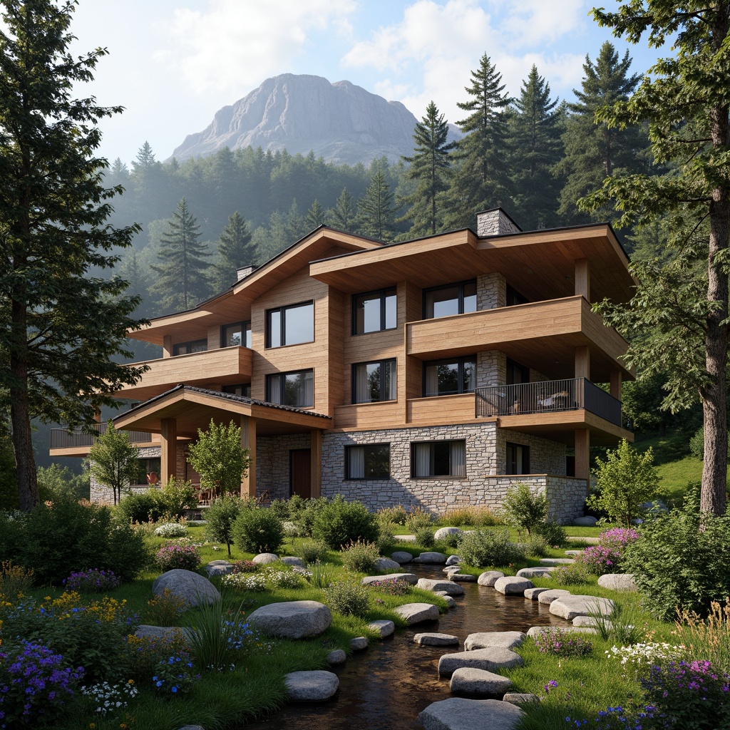 Prompt: Rustic mountain lodge, eclectic exterior design, natural stone walls, wooden accents, asymmetrical rooflines, vibrant colorful shutters, lush greenery, blooming wildflowers, winding stone pathways, meandering streams, majestic pine trees, misty morning atmosphere, soft warm lighting, shallow depth of field, 1/1 composition, realistic textures, ambient occlusion.