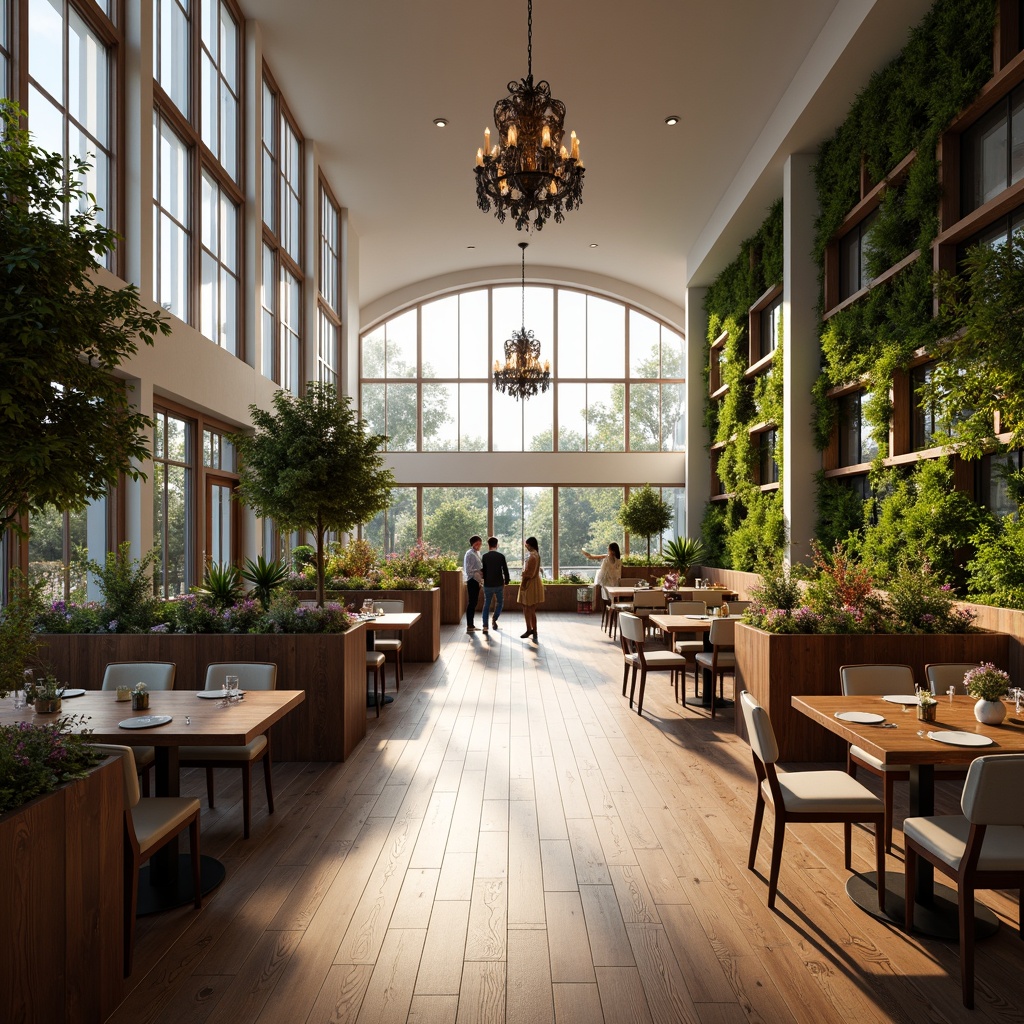 Prompt: Spacious dining hall, high ceilings, large windows, natural light pouring in, warm wooden floors, elegant chandeliers, rectangular tables, comfortable chairs, soft cushions, greenery walls, vibrant flower arrangements, modern minimalist decor, neutral color palette, ambient lighting, shallow depth of field, 3/4 composition, realistic textures, panoramic view.